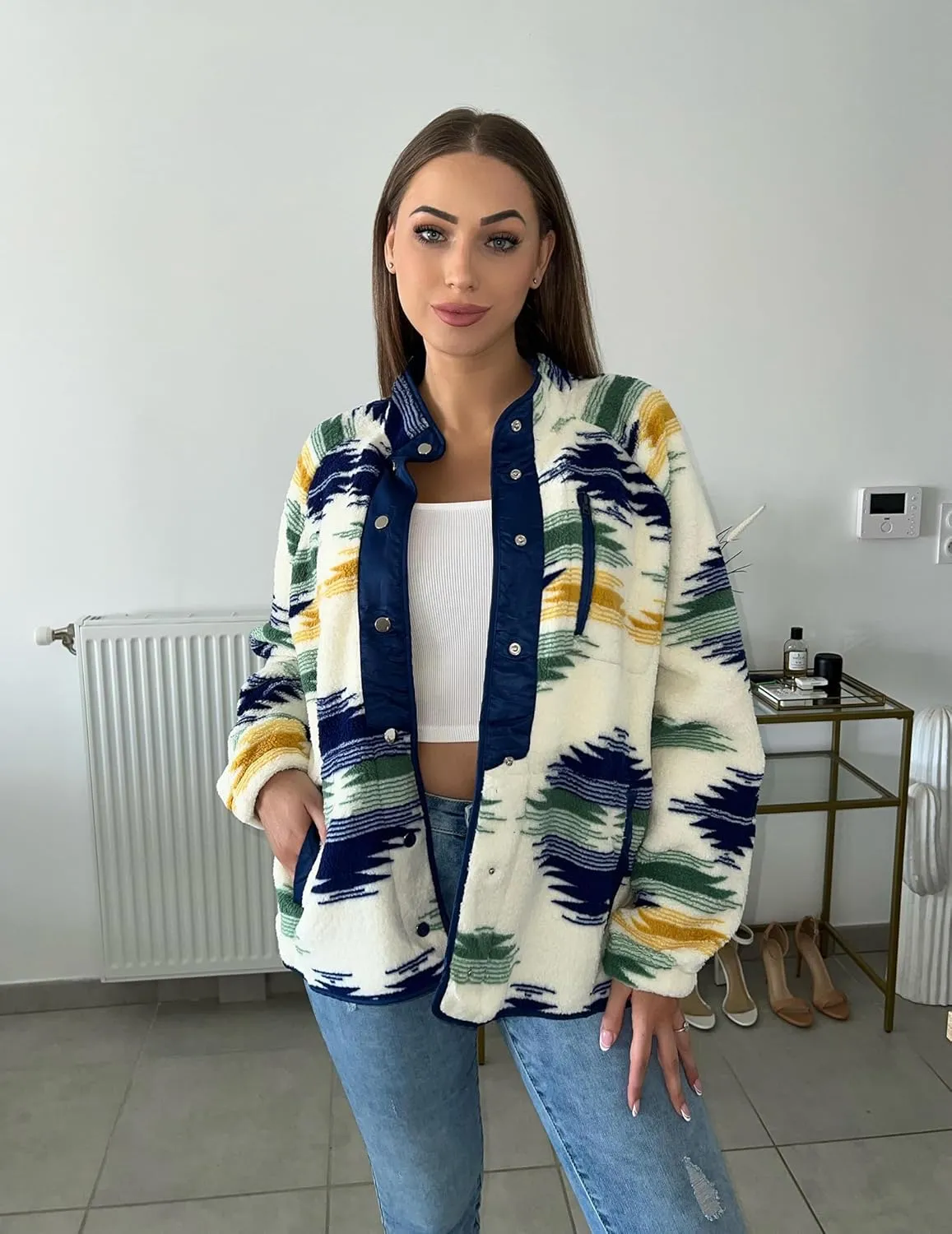 IN'VOLAND Plus Size Womens Fleece Jacket Western Aztec Print Long Sleeve Snap Button Down Shacket with Pockets