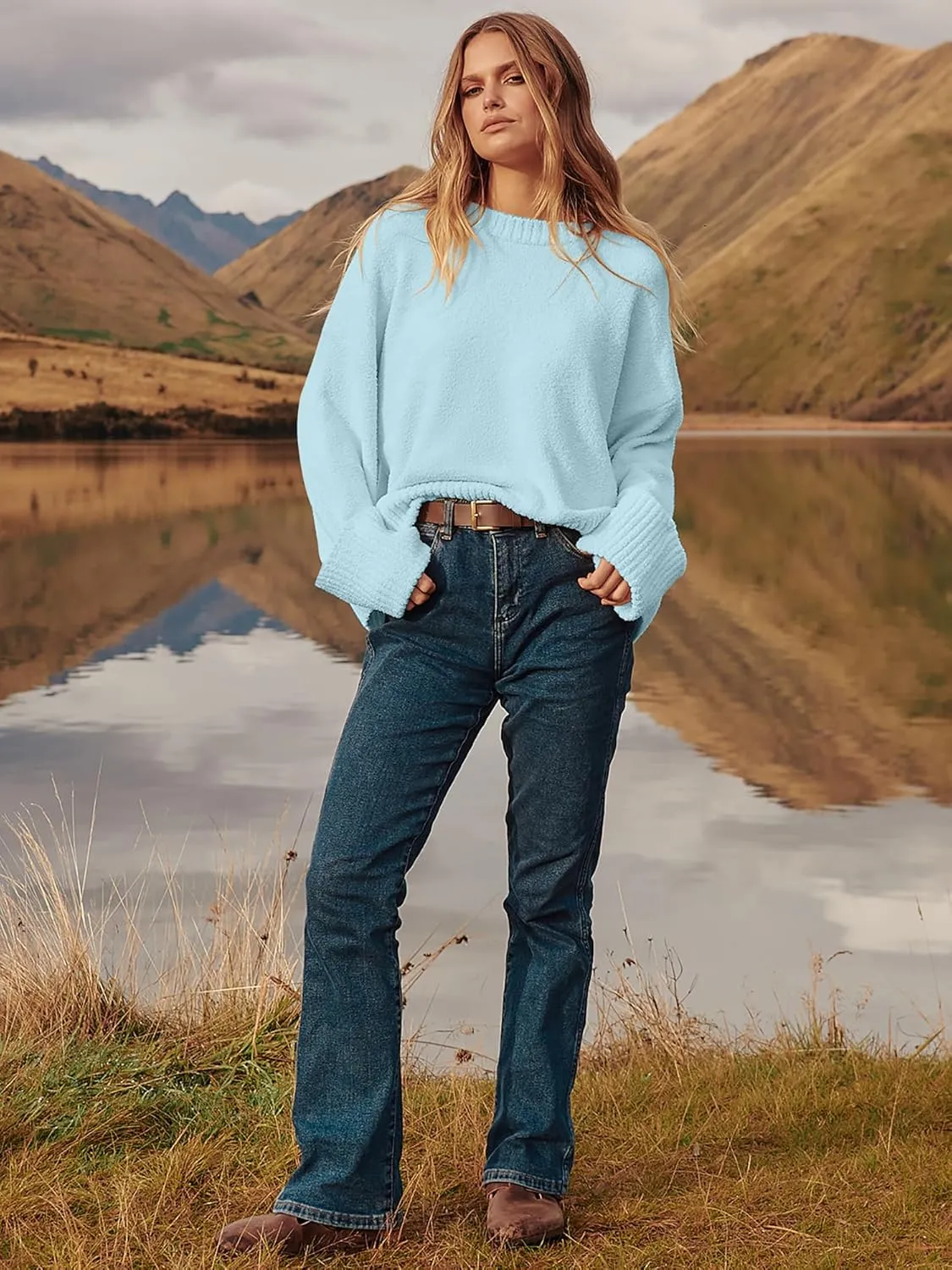 LOGENE Women's Oversized Sweater Crewneck Long Sleeve Soft Fuzzy Knit Pullover Sweaters 2024 Winter Fashion Warm Tops Clothes