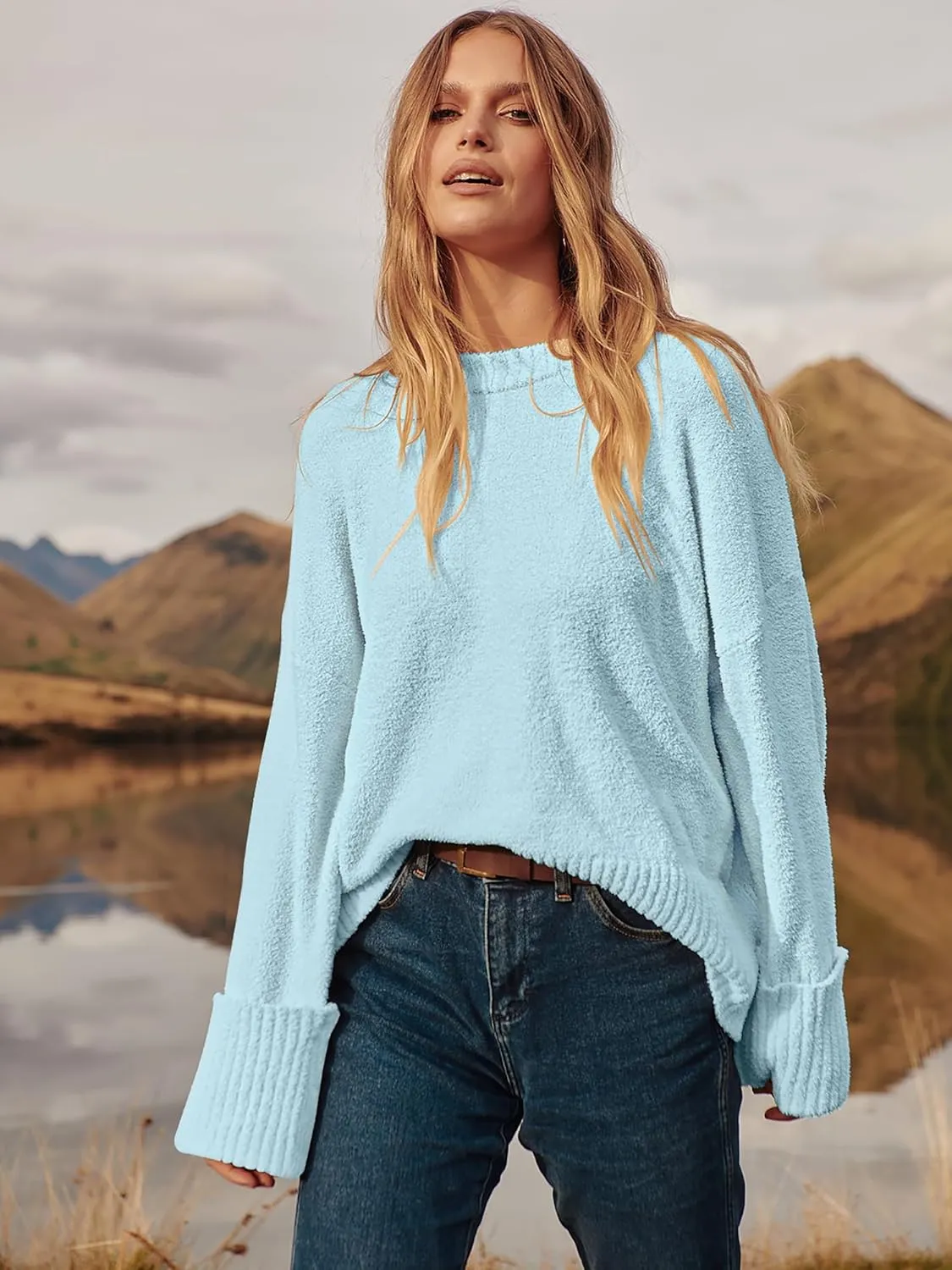 LOGENE Women's Oversized Sweater Crewneck Long Sleeve Soft Fuzzy Knit Pullover Sweaters 2024 Winter Fashion Warm Tops Clothes