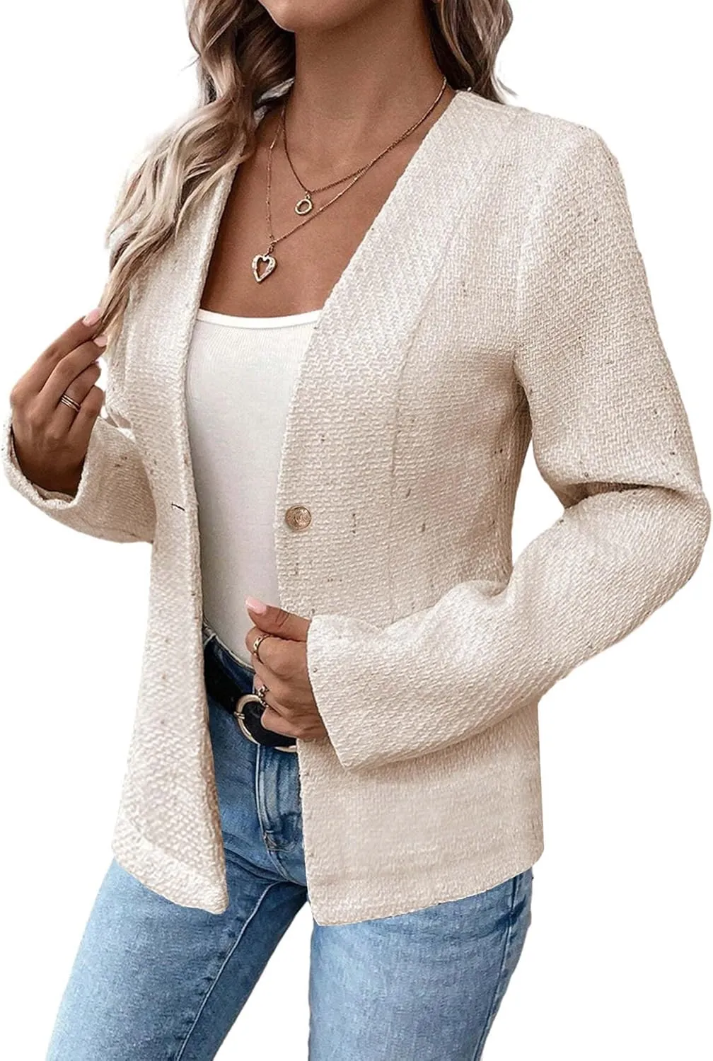 Long Tweed Blazer Jacket for Women 2024 Fall Winter Warm Cardigan Open Front Slim Fitted Fashion Casual Work Suit