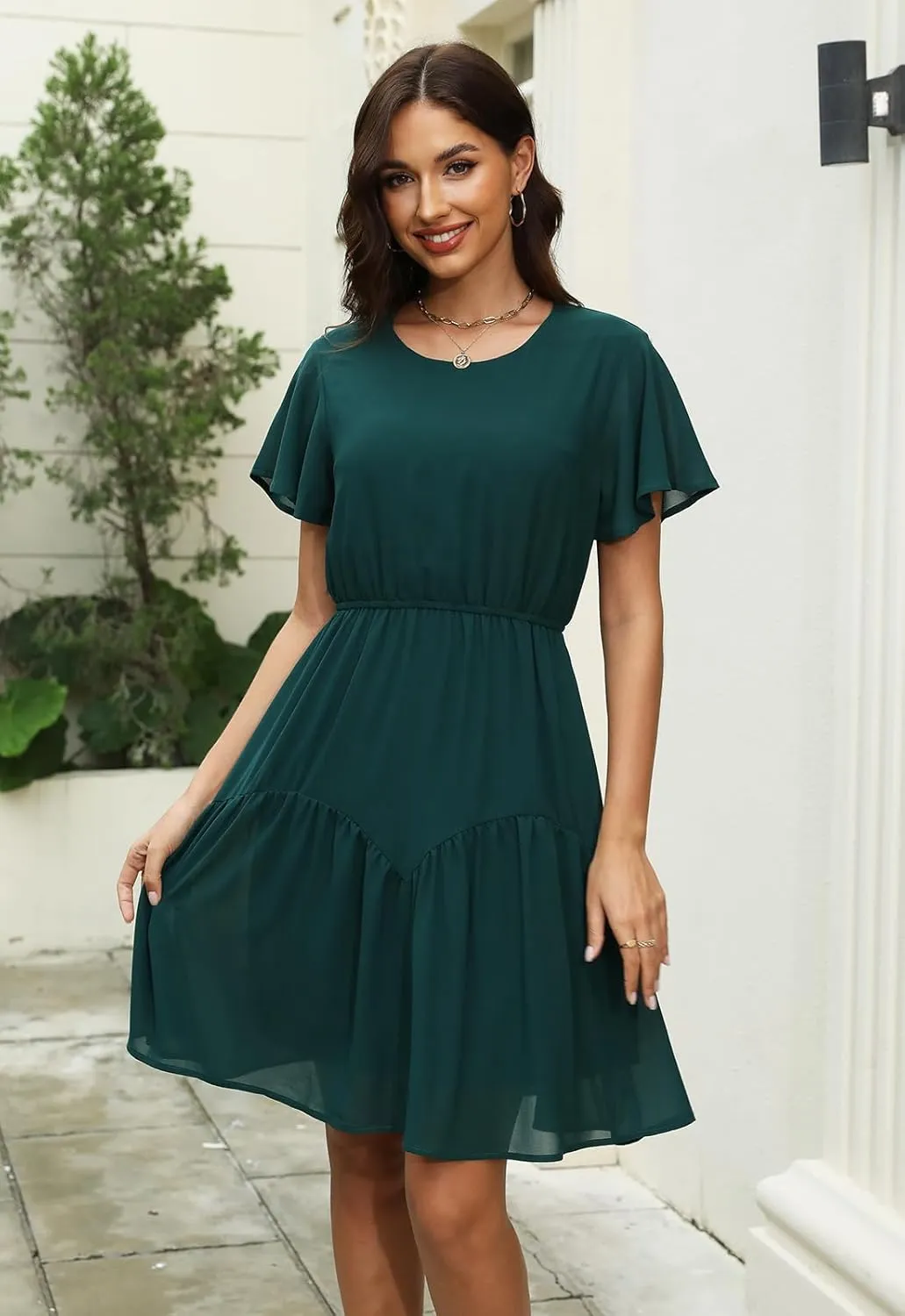 Manydress Women's Chiffon Floral Dresses Casual Summer Boho Flutter Sleeve Flowy Skater Western Dress MY112