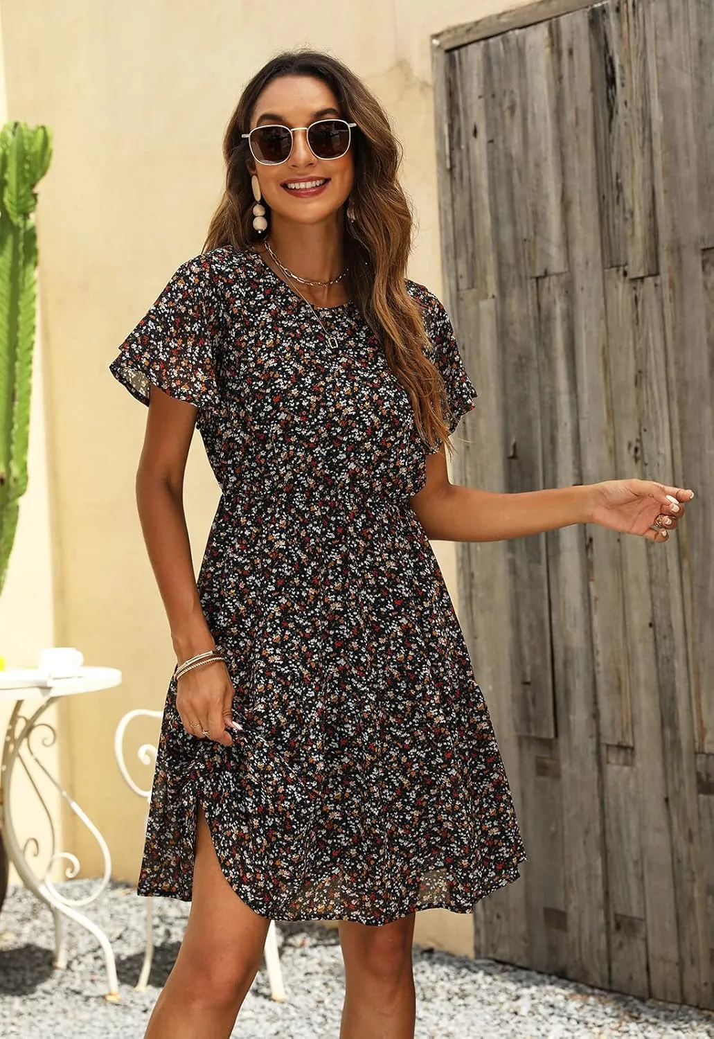 Manydress Women's Chiffon Floral Dresses Casual Summer Boho Flutter Sleeve Flowy Skater Western Dress MY112
