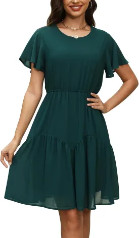 Manydress Women's Chiffon Floral Dresses Casual Summer Boho Flutter Sleeve Flowy Skater Western Dress MY112