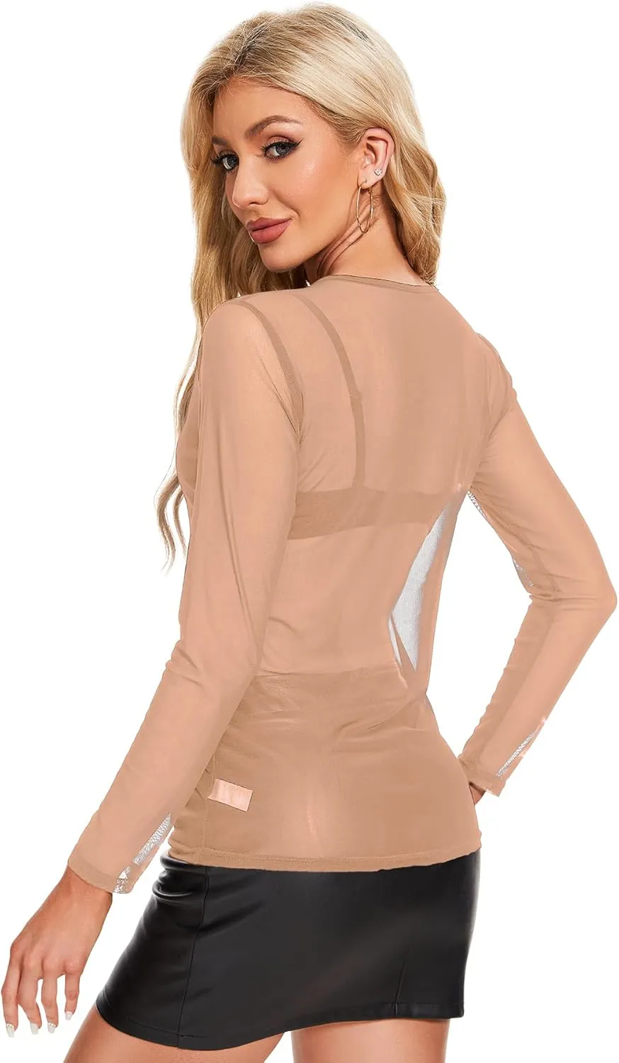 MAYSTEPPE Women's Sheer Mesh Long Sleeve Top,See Through Blouse Lightweight Translucent Top, Layering Stretchable Mesh Shirt