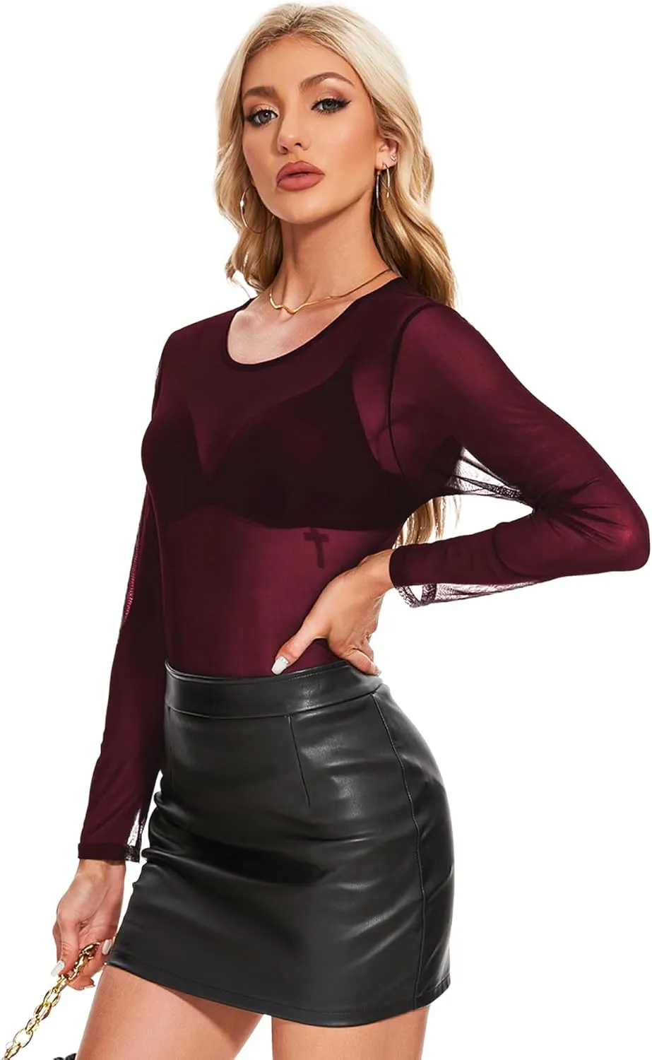 MAYSTEPPE Women's Sheer Mesh Long Sleeve Top,See Through Blouse Lightweight Translucent Top, Layering Stretchable Mesh Shirt