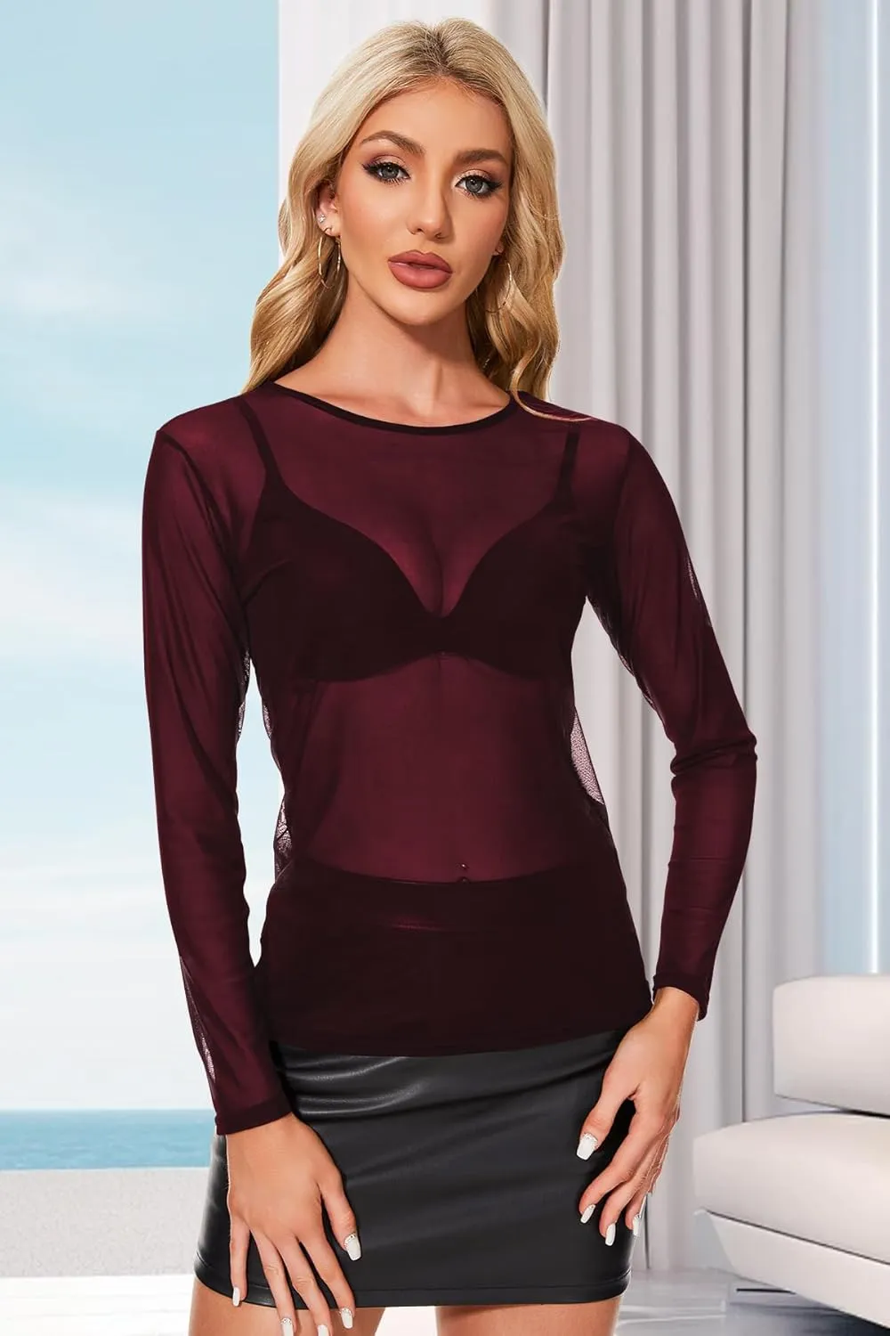 MAYSTEPPE Women's Sheer Mesh Long Sleeve Top,See Through Blouse Lightweight Translucent Top, Layering Stretchable Mesh Shirt