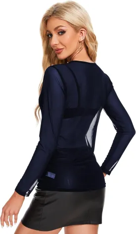 MAYSTEPPE Women's Sheer Mesh Long Sleeve Top,See Through Blouse Lightweight Translucent Top, Layering Stretchable Mesh Shirt