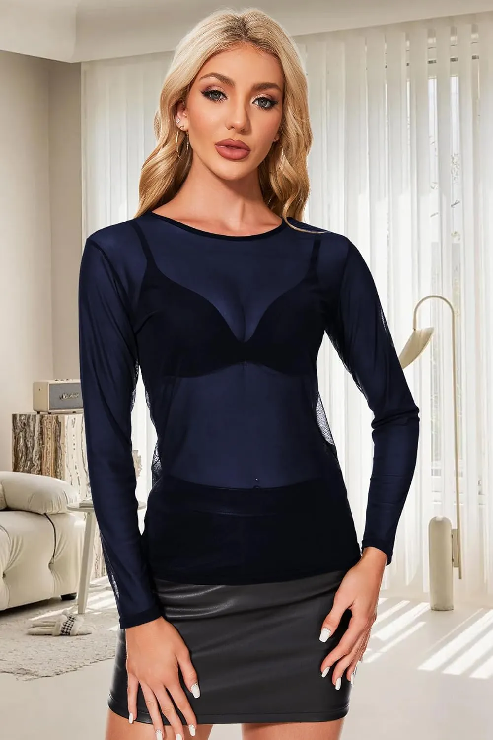 MAYSTEPPE Women's Sheer Mesh Long Sleeve Top,See Through Blouse Lightweight Translucent Top, Layering Stretchable Mesh Shirt