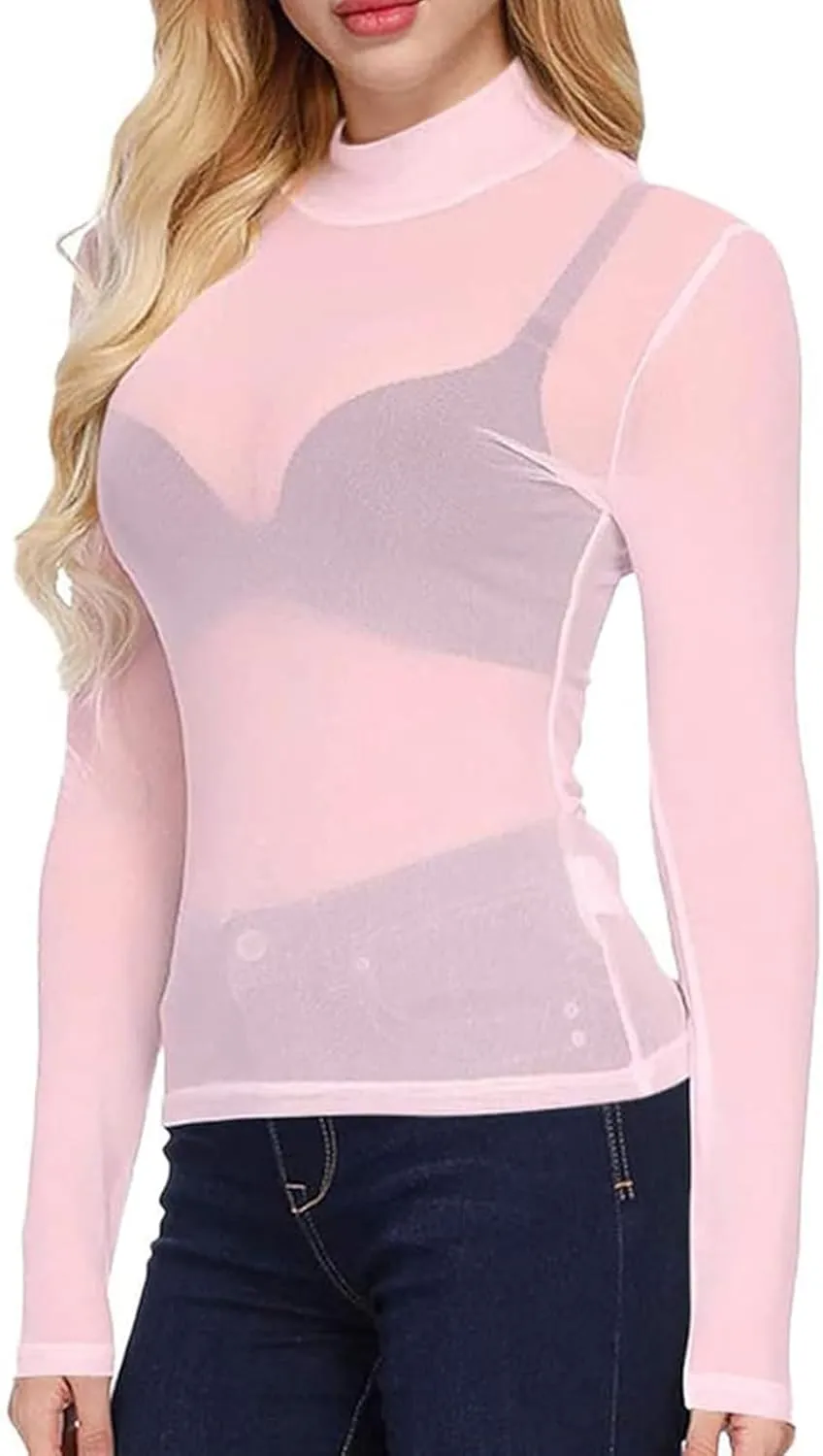 MAYSTEPPE Women's Sheer Mesh Long Sleeve Top,See Through Blouse Lightweight Translucent Top, Layering Stretchable Mesh Shirt