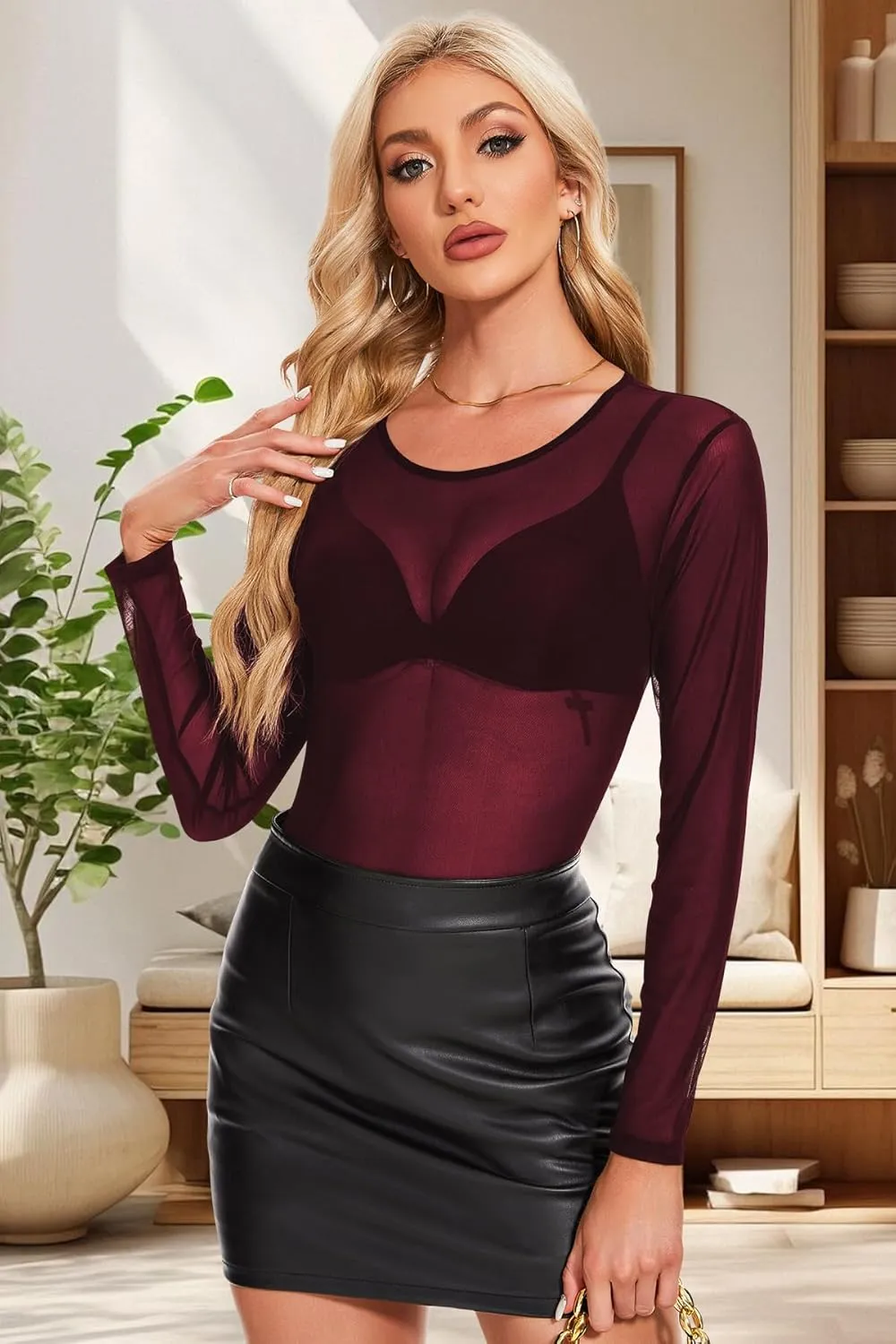 MAYSTEPPE Women's Sheer Mesh Long Sleeve Top,See Through Blouse Lightweight Translucent Top, Layering Stretchable Mesh Shirt