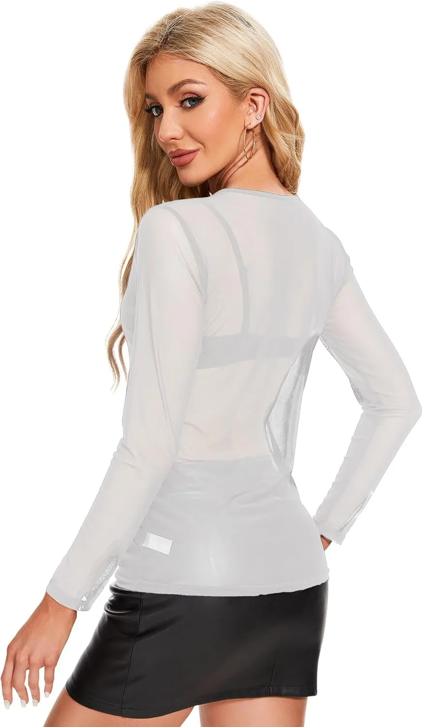 MAYSTEPPE Women's Sheer Mesh Long Sleeve Top,See Through Blouse Lightweight Translucent Top, Layering Stretchable Mesh Shirt