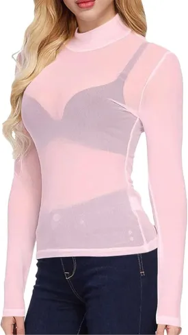 MAYSTEPPE Women's Sheer Mesh Long Sleeve Top,See Through Blouse Lightweight Translucent Top, Layering Stretchable Mesh Shirt