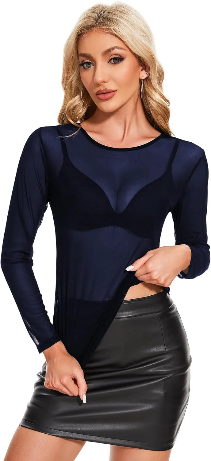 MAYSTEPPE Women's Sheer Mesh Long Sleeve Top,See Through Blouse Lightweight Translucent Top, Layering Stretchable Mesh Shirt