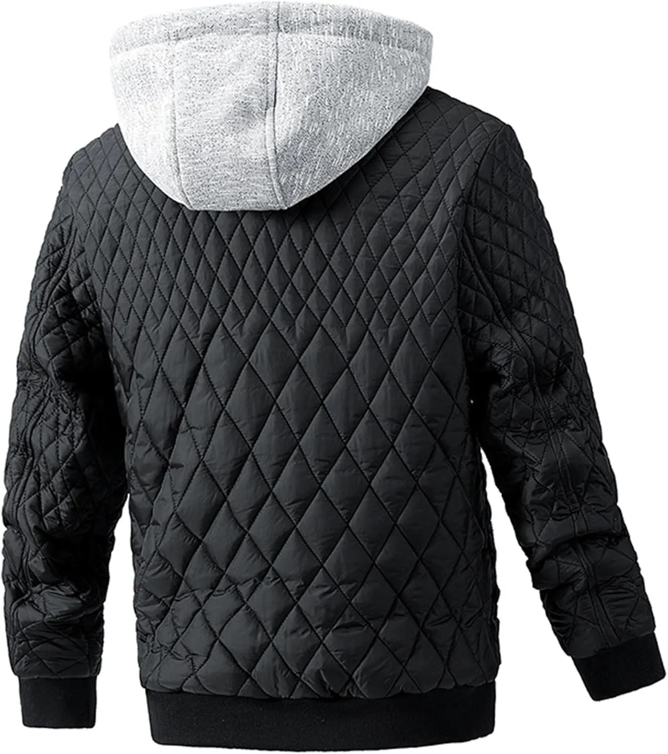 Men's Winter Quilted Jacket with Removable Hood Long Sleeve Casual Diamond Bomber Jacket Warm Winter Padded Coat