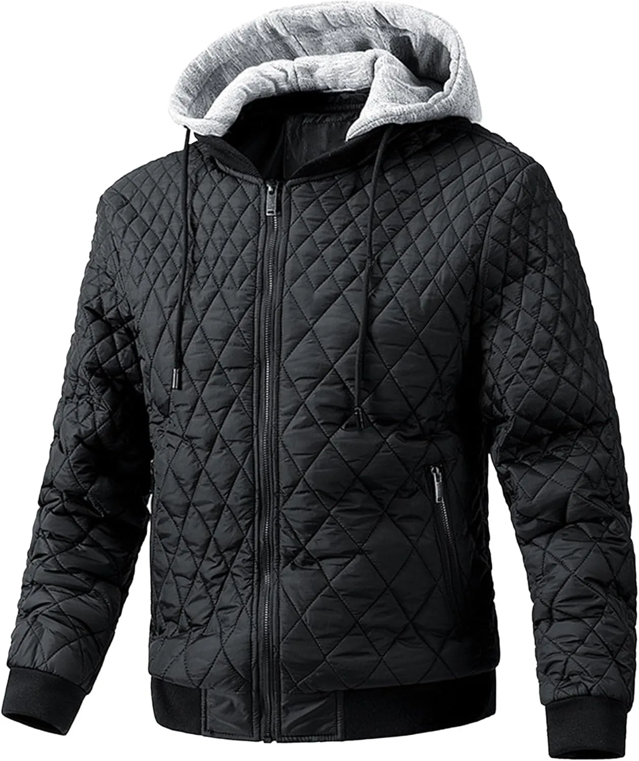 Men's Winter Quilted Jacket with Removable Hood Long Sleeve Casual Diamond Bomber Jacket Warm Winter Padded Coat