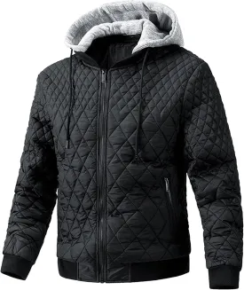 Men's Winter Quilted Jacket with Removable Hood Long Sleeve Casual Diamond Bomber Jacket Warm Winter Padded Coat