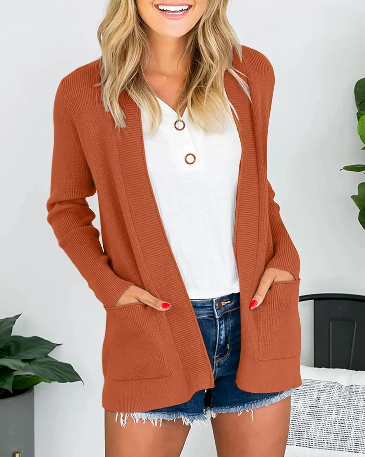 MEROKEETY Women's 2025 Fall Open Front Waffle Knit Cardigan Long Sleeve Cozy Knit Sweaters with Pockets