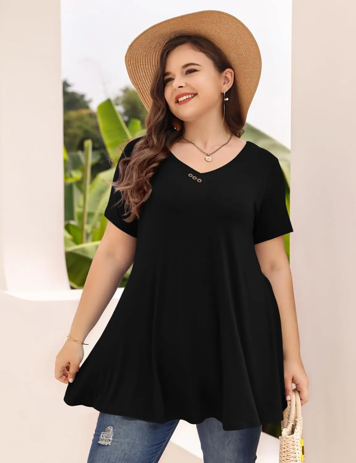 MONNURO Womens Plus Size Short Sleeve V Neck Button Basic Tunic Tops Summer Swing Shirts Blouses for Leggings