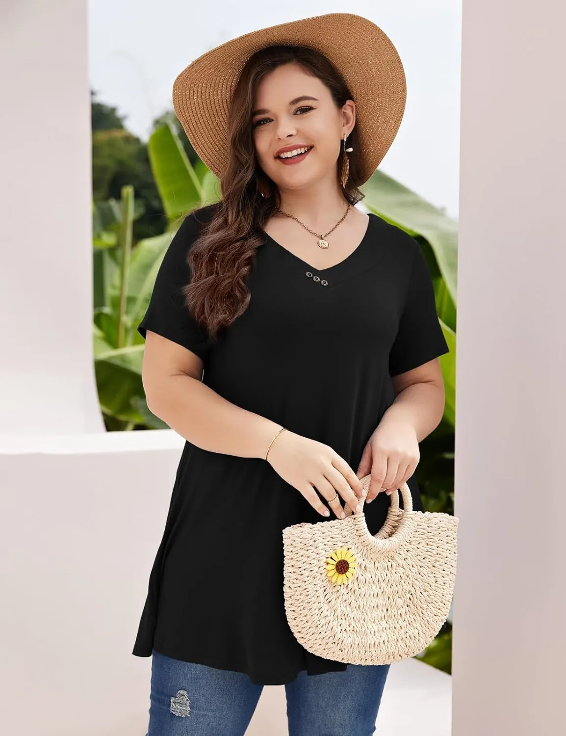 MONNURO Womens Plus Size Short Sleeve V Neck Button Basic Tunic Tops Summer Swing Shirts Blouses for Leggings