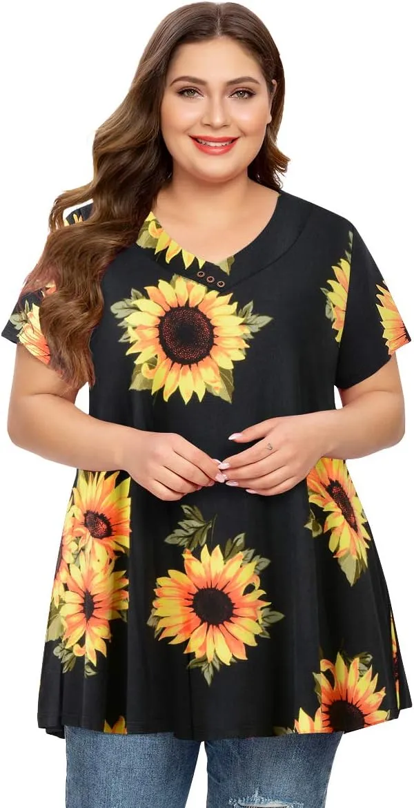 MONNURO Womens Plus Size Short Sleeve V Neck Button Basic Tunic Tops Summer Swing Shirts Blouses for Leggings