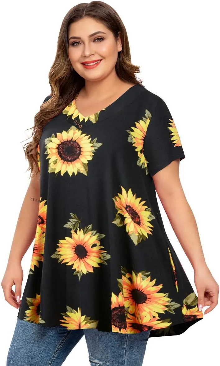 MONNURO Womens Plus Size Short Sleeve V Neck Button Basic Tunic Tops Summer Swing Shirts Blouses for Leggings