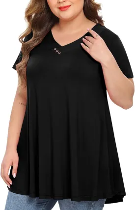 MONNURO Womens Plus Size Short Sleeve V Neck Button Basic Tunic Tops Summer Swing Shirts Blouses for Leggings