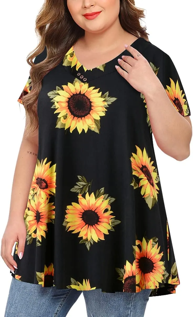 MONNURO Womens Plus Size Short Sleeve V Neck Button Basic Tunic Tops Summer Swing Shirts Blouses for Leggings