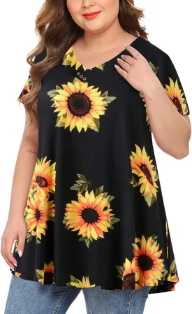MONNURO Womens Plus Size Short Sleeve V Neck Button Basic Tunic Tops Summer Swing Shirts Blouses for Leggings
