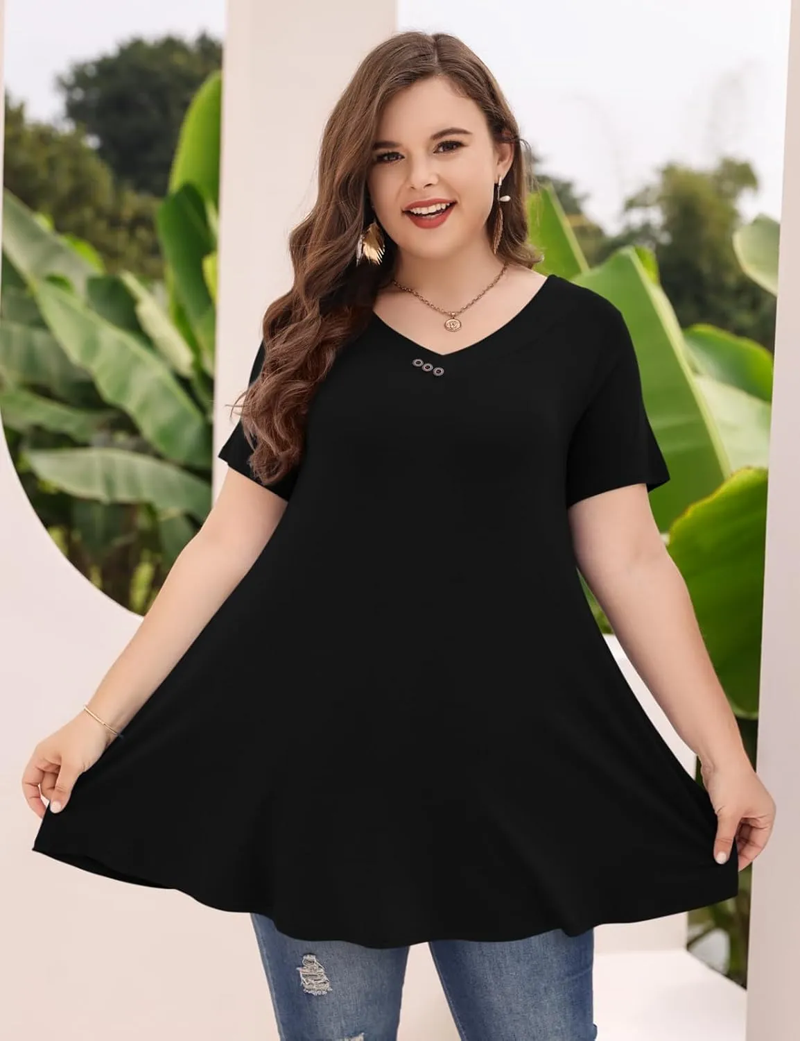 MONNURO Womens Plus Size Short Sleeve V Neck Button Basic Tunic Tops Summer Swing Shirts Blouses for Leggings