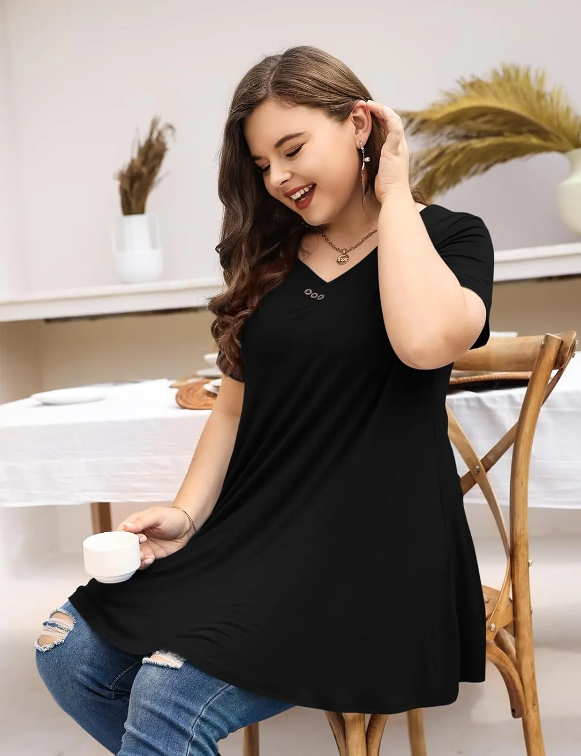 MONNURO Womens Plus Size Short Sleeve V Neck Button Basic Tunic Tops Summer Swing Shirts Blouses for Leggings