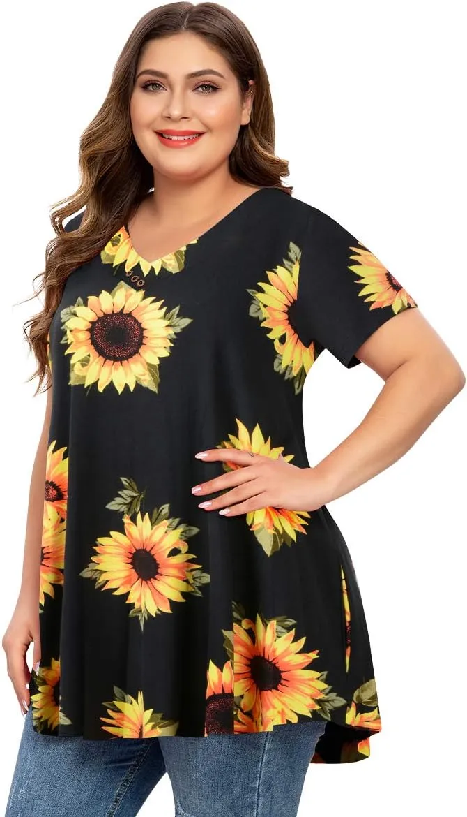 MONNURO Womens Plus Size Short Sleeve V Neck Button Basic Tunic Tops Summer Swing Shirts Blouses for Leggings