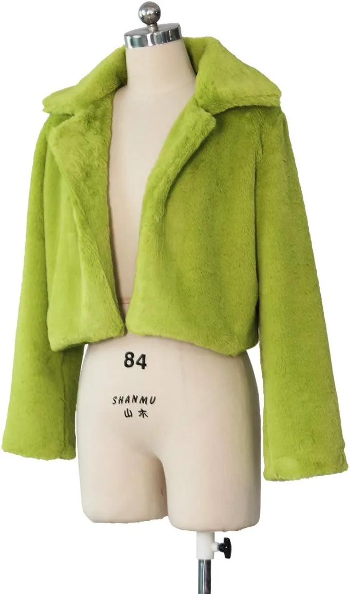 Nihsatin Womens Solid Cropped Long Sleeve Shaggy Jacket Lapel Faux Fur Coat Outwear Warm Winter