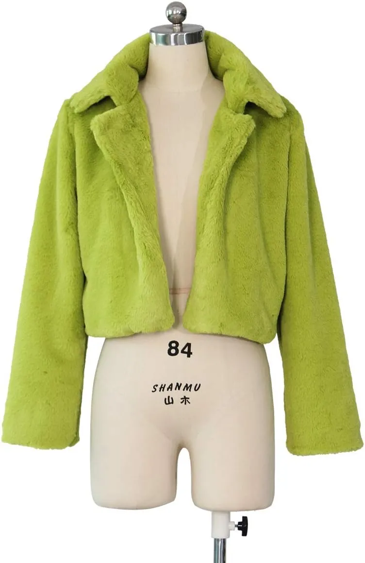 Nihsatin Womens Solid Cropped Long Sleeve Shaggy Jacket Lapel Faux Fur Coat Outwear Warm Winter