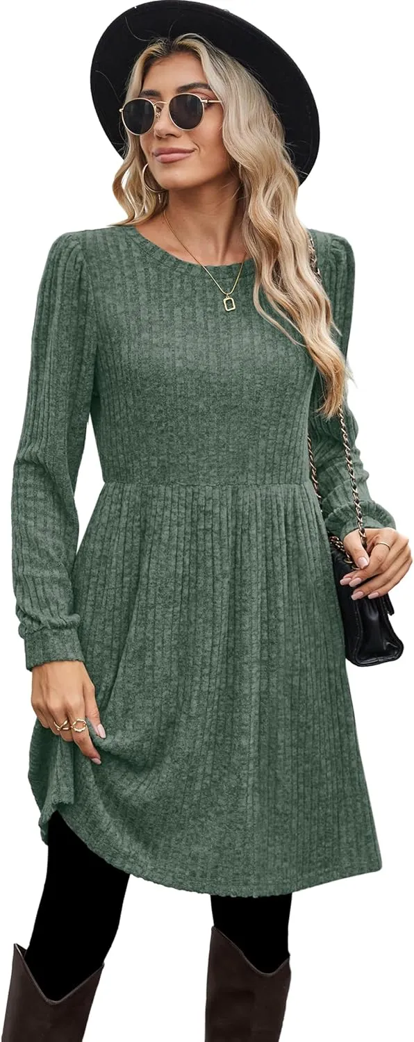 OFEEFAN Womens Fall Dresses Crew Neck Long Sleeve Winter Knit Sweater Dress 2024