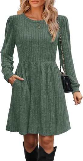 OFEEFAN Womens Fall Dresses Crew Neck Long Sleeve Winter Knit Sweater Dress 2024