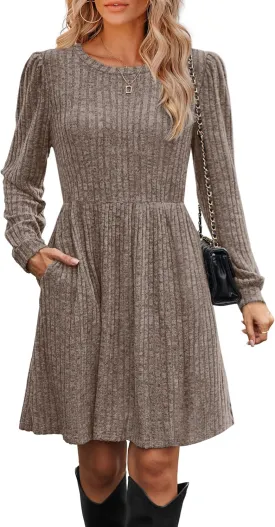 OFEEFAN Womens Fall Dresses Crew Neck Long Sleeve Winter Knit Sweater Dress 2024