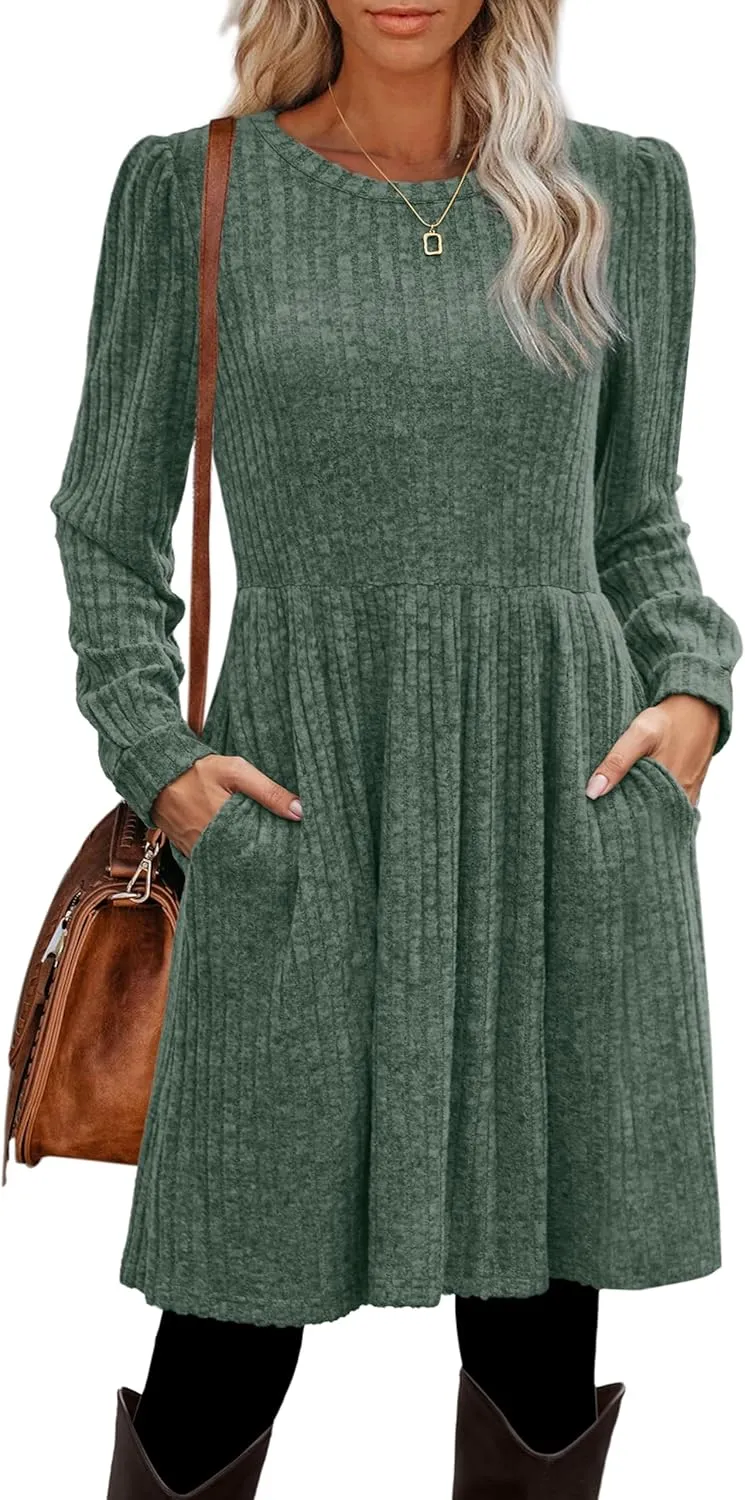 OFEEFAN Womens Fall Dresses Crew Neck Long Sleeve Winter Knit Sweater Dress 2024