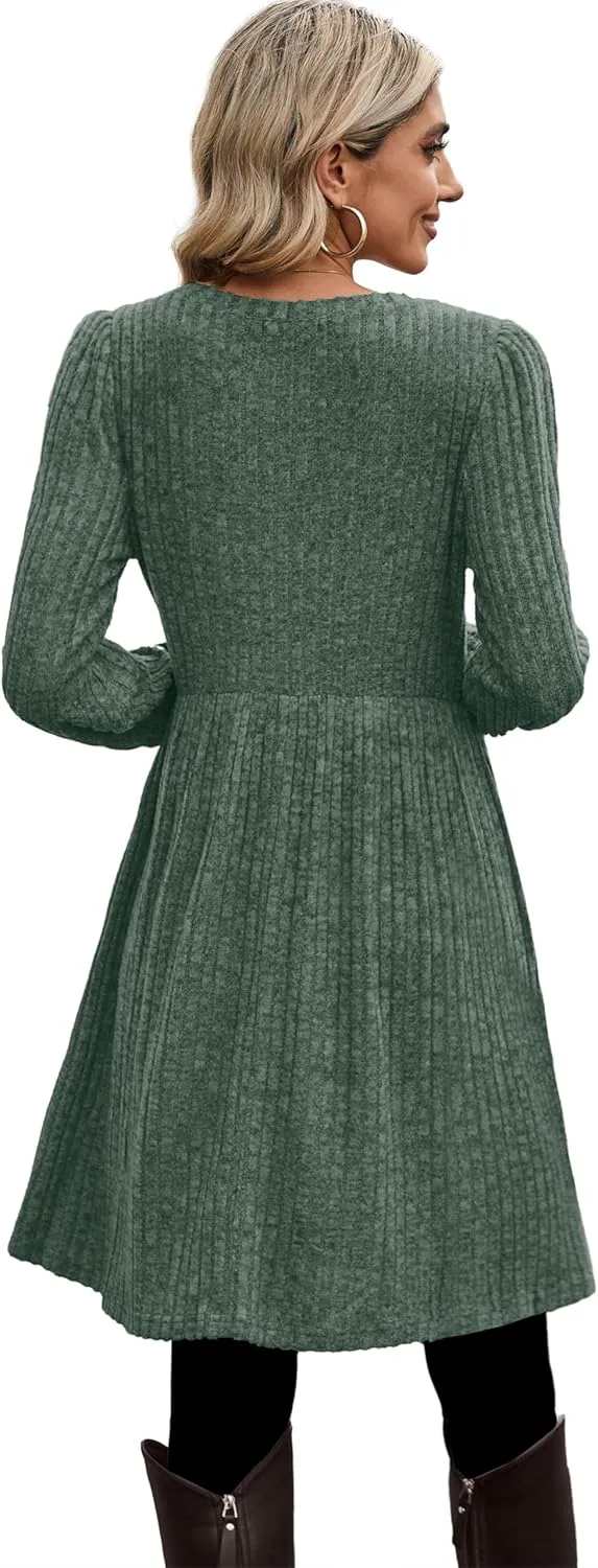 OFEEFAN Womens Fall Dresses Crew Neck Long Sleeve Winter Knit Sweater Dress 2024