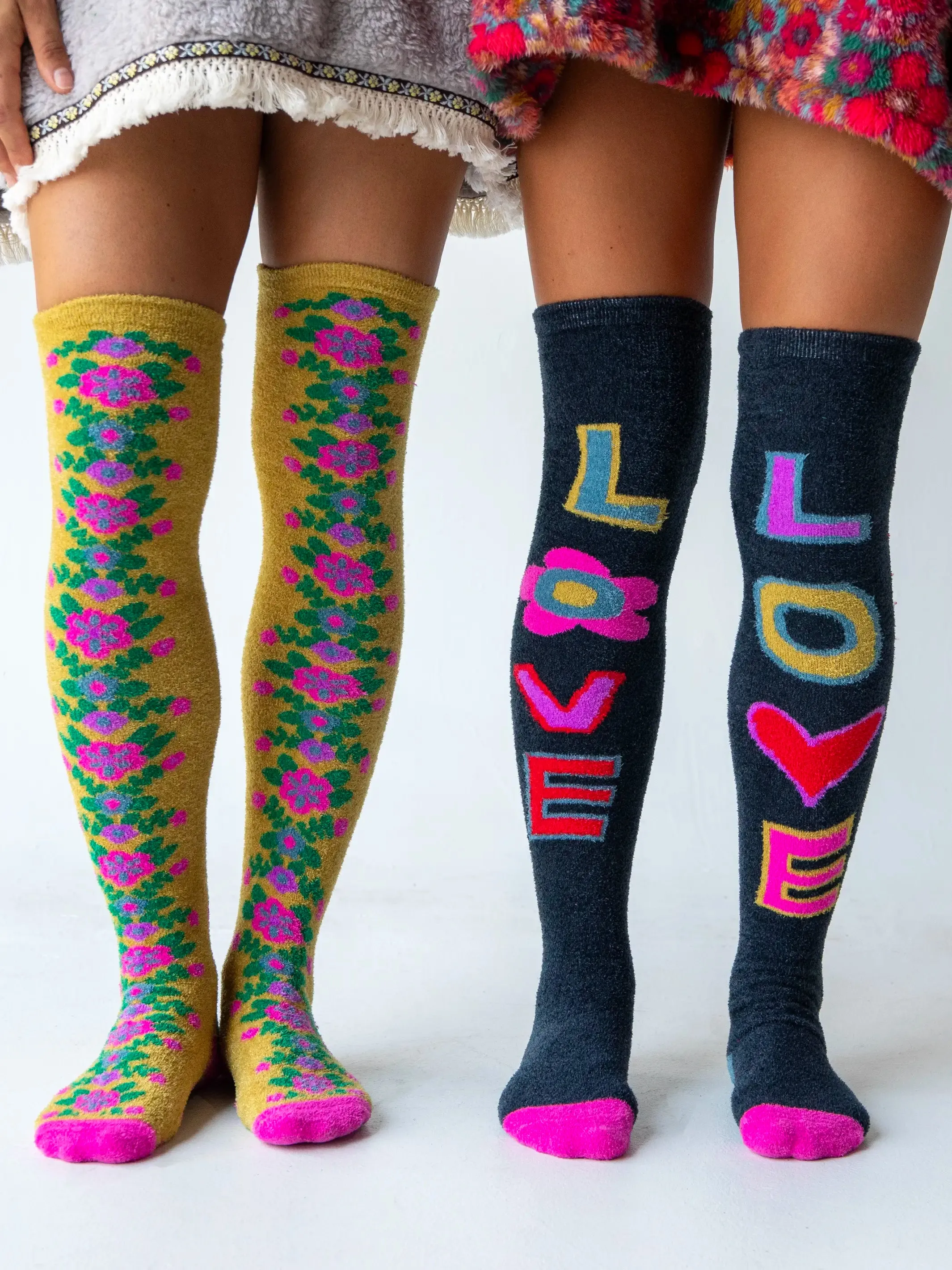 Over-the-Knee Cozy Socks - Mustard Folk Flower