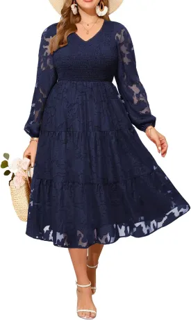 Pinup Fashion Plus Size Summer Casual V Neck Flutter Sleeve Floral Lace Smocked Flowy Tiered Midi Dresses 2024