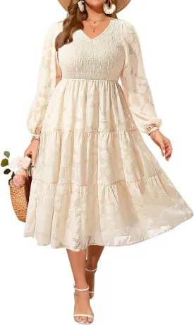 Pinup Fashion Plus Size Summer Casual V Neck Flutter Sleeve Floral Lace Smocked Flowy Tiered Midi Dresses 2024