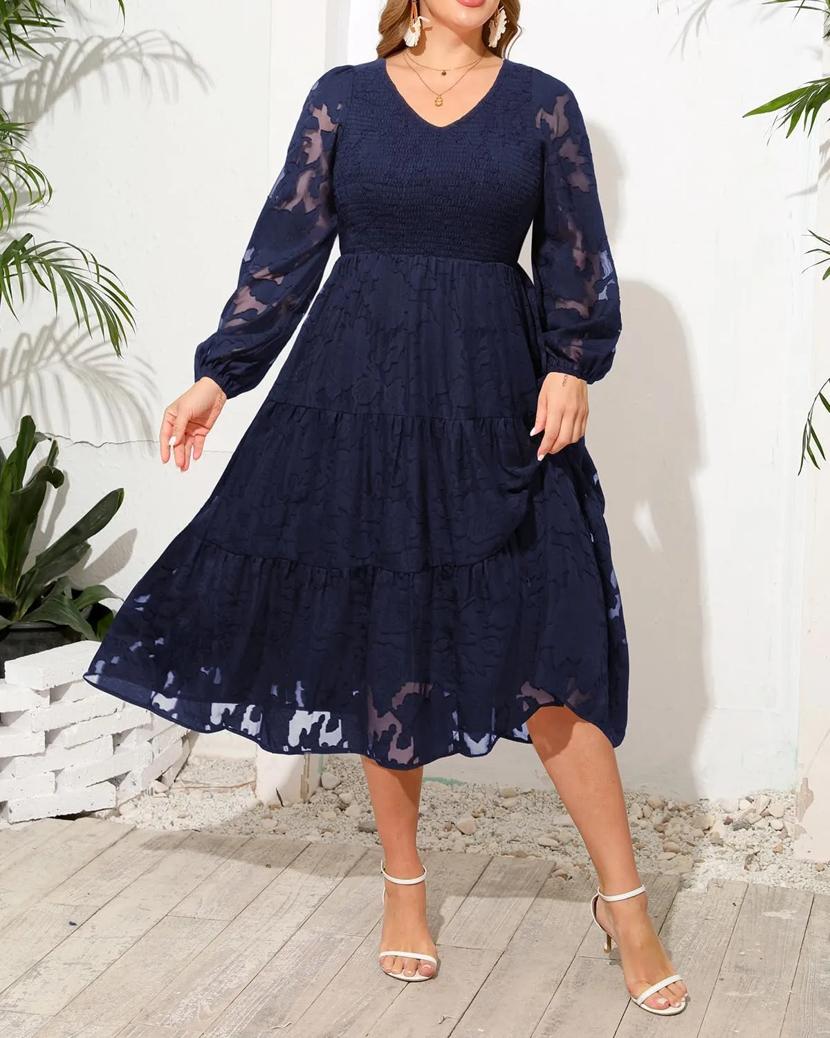 Pinup Fashion Plus Size Summer Casual V Neck Flutter Sleeve Floral Lace Smocked Flowy Tiered Midi Dresses 2024
