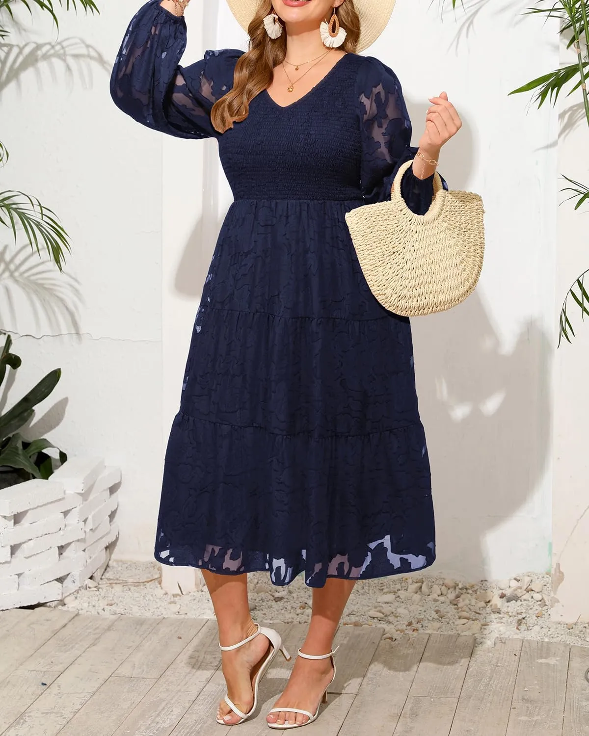 Pinup Fashion Plus Size Summer Casual V Neck Flutter Sleeve Floral Lace Smocked Flowy Tiered Midi Dresses 2024