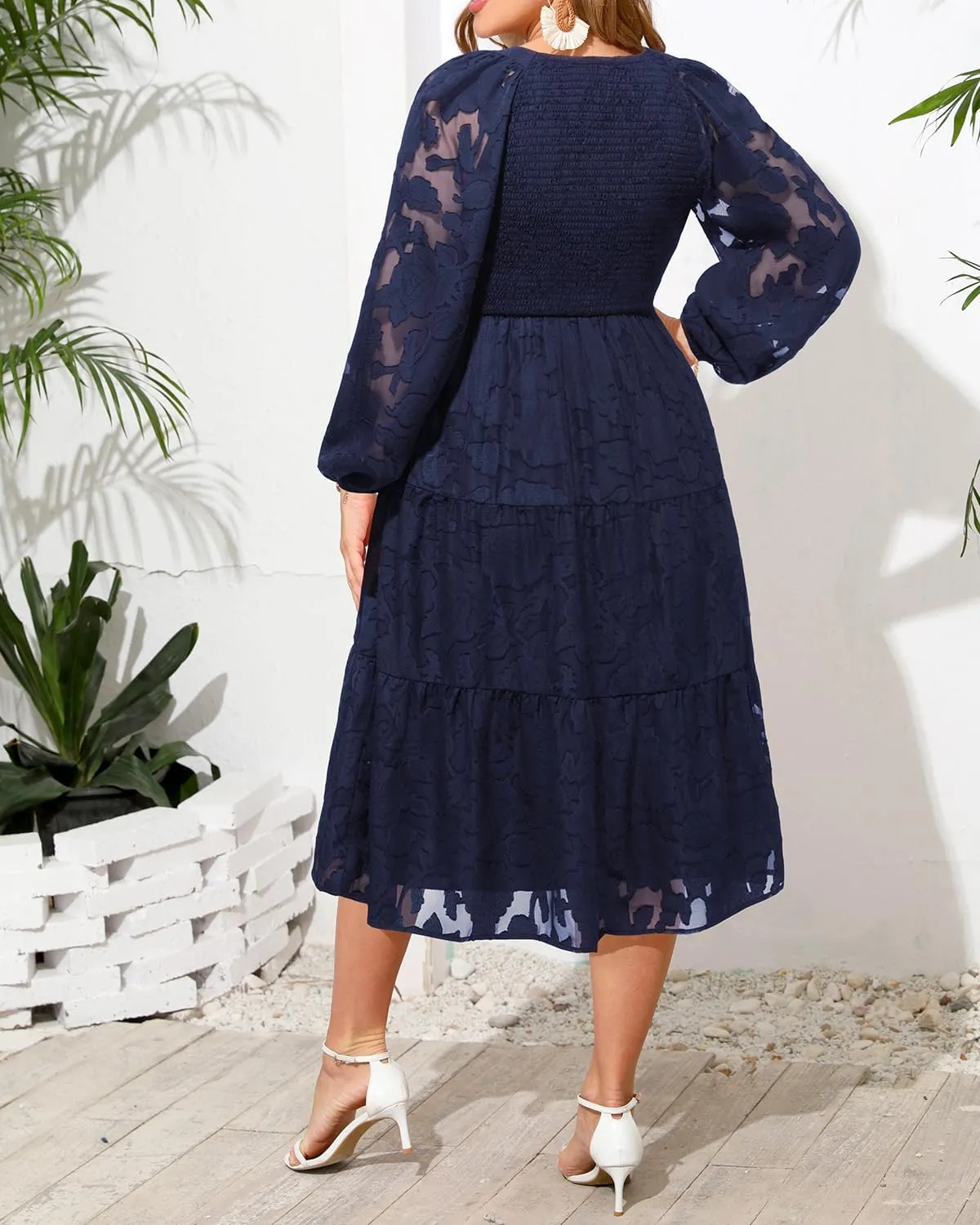 Pinup Fashion Plus Size Summer Casual V Neck Flutter Sleeve Floral Lace Smocked Flowy Tiered Midi Dresses 2024