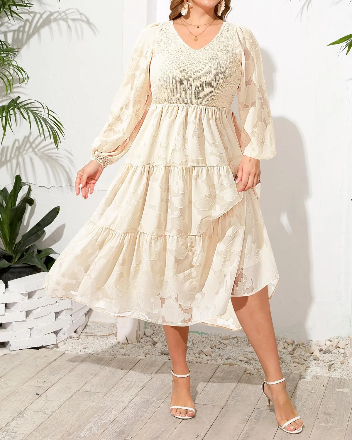 Pinup Fashion Plus Size Summer Casual V Neck Flutter Sleeve Floral Lace Smocked Flowy Tiered Midi Dresses 2024