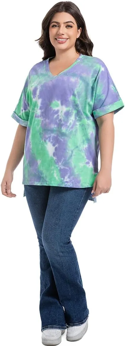 Plus Size Tops for Women Short Sleeve Shirts V Neck Split Hem Basic Tee Pullover Blouse XL-4XL