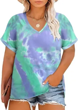 Plus Size Tops for Women Short Sleeve Shirts V Neck Split Hem Basic Tee Pullover Blouse XL-4XL