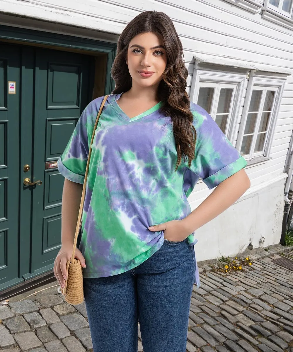 Plus Size Tops for Women Short Sleeve Shirts V Neck Split Hem Basic Tee Pullover Blouse XL-4XL