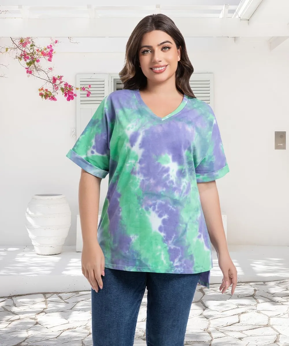 Plus Size Tops for Women Short Sleeve Shirts V Neck Split Hem Basic Tee Pullover Blouse XL-4XL