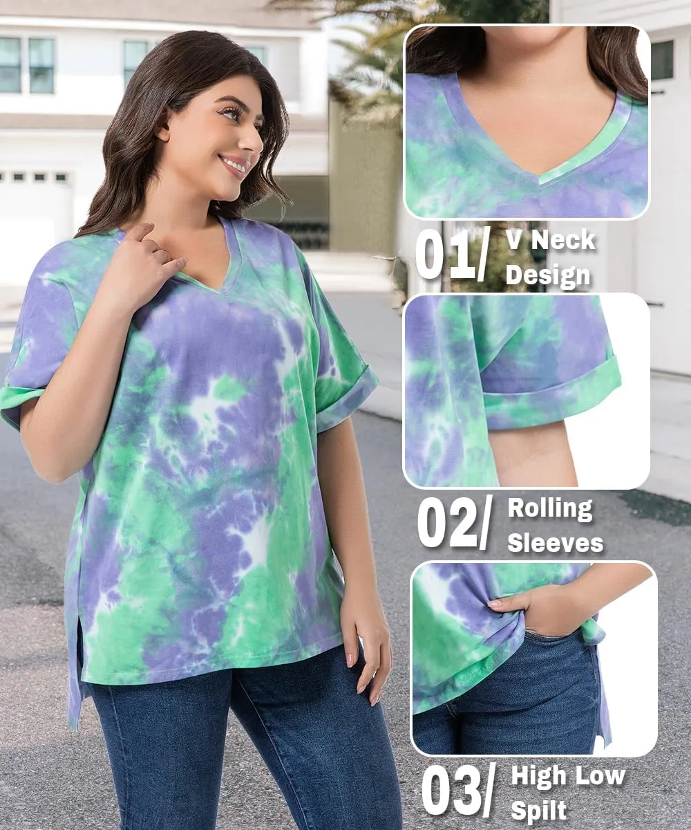 Plus Size Tops for Women Short Sleeve Shirts V Neck Split Hem Basic Tee Pullover Blouse XL-4XL